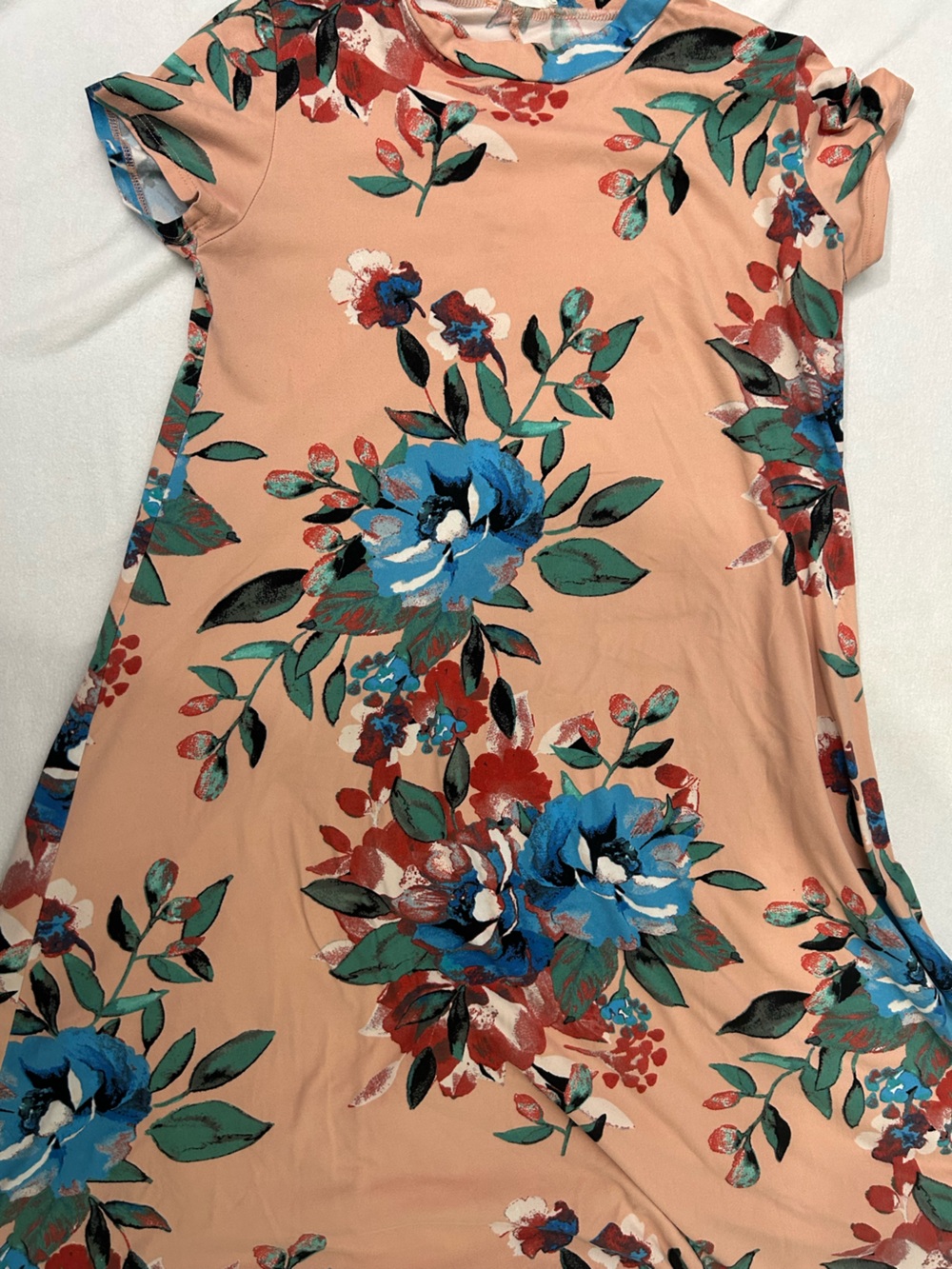 Floral Asymmetrical Women's Dress in Peach with Blue Accents
